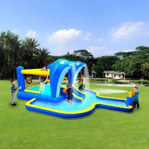 Water Slide 6-in-1 Inflatable Bounce House – Dolphin-Themed Splash Pool with Slide, Water Cannons & Climbing Wall for Kids