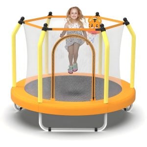 Kids Indoor & Outdoor Trampoline with Safety Enclosure – Round Mini Trampoline with Padded Frame and Zipper Entrance for Toddlers