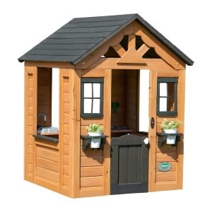 Wooden Outdoor Playhouse for Kids with Working Door, Windows & Built-in Kitchen Sink