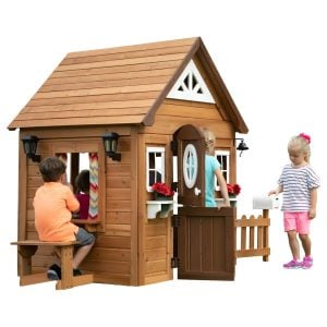 Wooden Playhouse for Kids with Mailbox, Flower Boxes & Built-In Bench