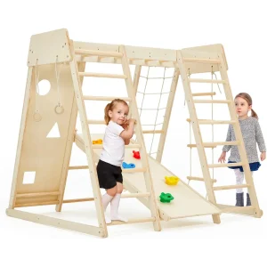 6-in-1 Indoor Wooden Climbing Triangle Set for Toddlers – Rock Wall, Slide, Ladder, Rings & More