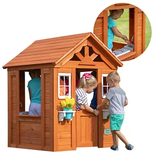 Wooden Outdoor Playhouse for Kids with Kitchen Set, Flower Boxes & Half-Door