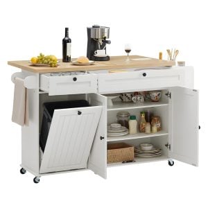 Kitchen Island Cart with Drop-Leaf Countertop, Trash Bin Cabinet, Storage Drawers & Shelves – White