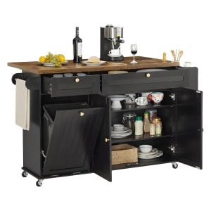 Kitchen Island Cart with Drop-Leaf Countertop, Trash Bin Cabinet, Storage Drawers & Shelves – Black