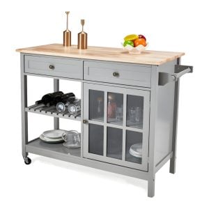 Kitchen Island Cart with Natural Wood Top, Glass Door Cabinet, Drawers & Slatted Shelf – Mobile Storage with Towel Rack