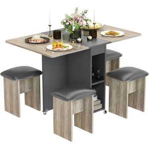 Folding Dining Table Set for 4 – Space-Saving Table with 4 Leather Chairs & Storage Shelves, Foldable Kitchen Table on Wheels